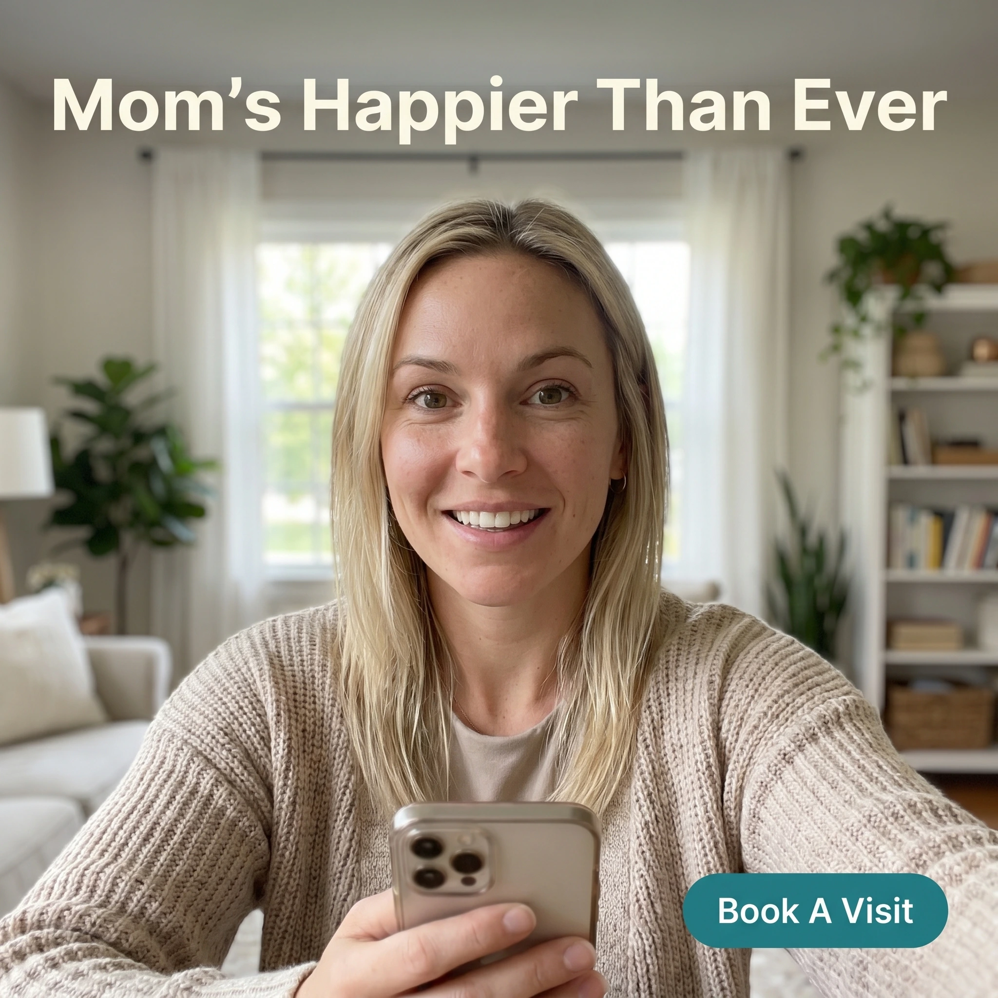 UGC-style senior living ad example: a daughter speaking to camera with headline 'Mom's Happier Than Ever'