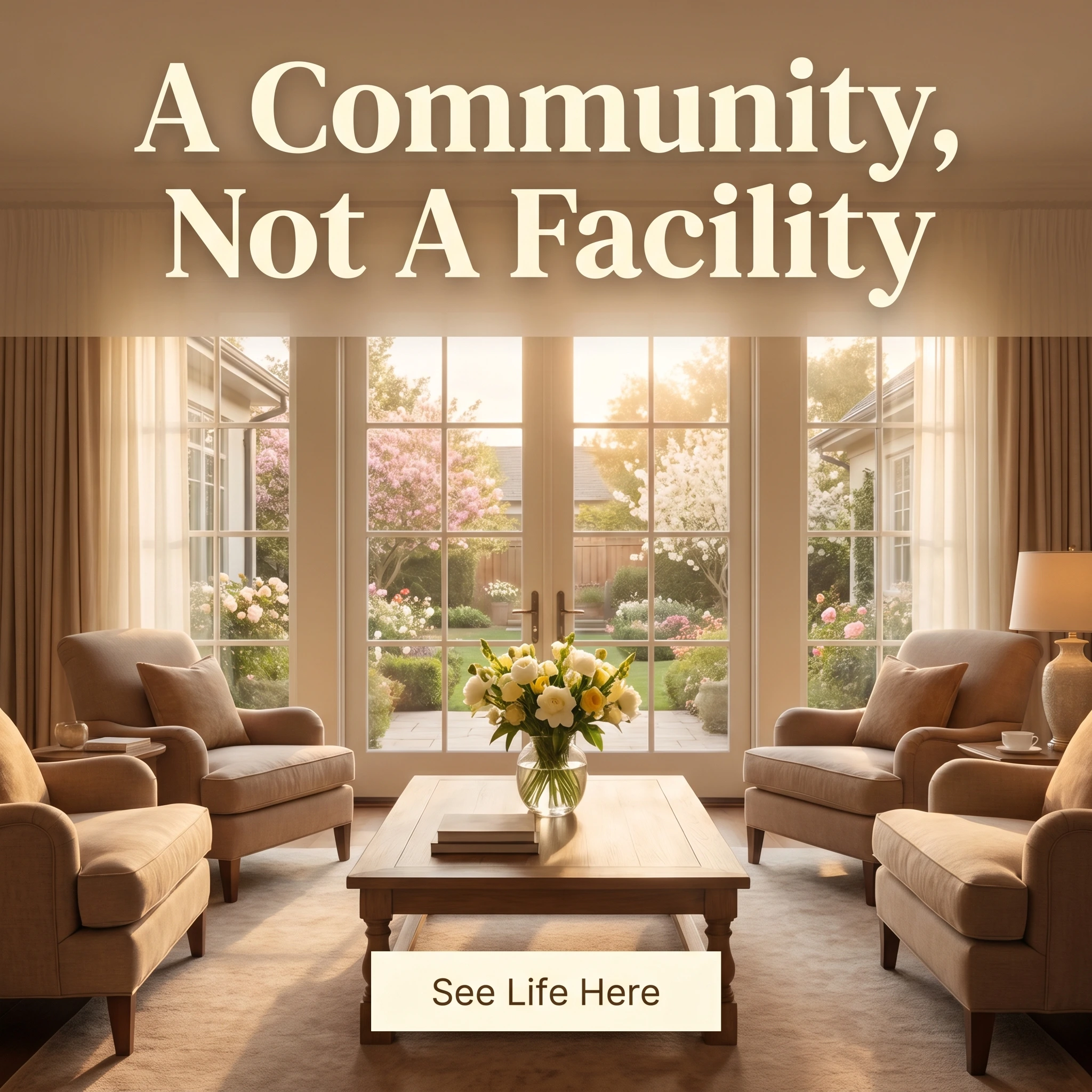Senior living hero ad example: a bright community common room and garden with headline 'A Community, Not A Facility'