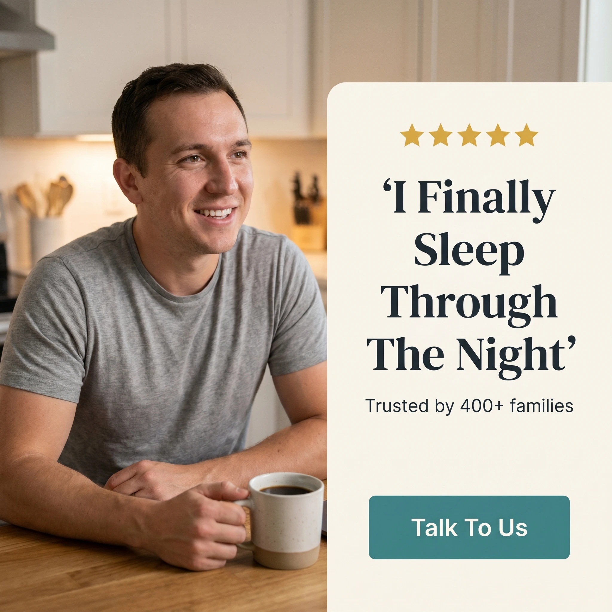 Senior living testimonial ad example: a relieved adult son beside a five-star quote card reading 'I Finally Sleep Through The Night'