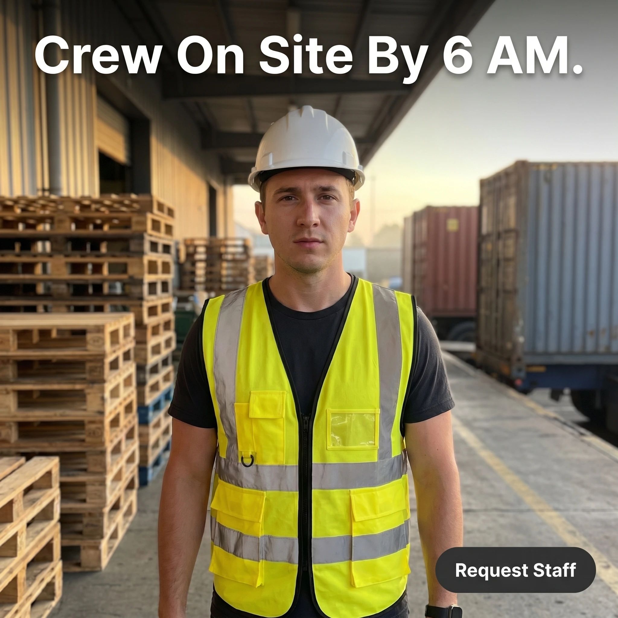 UGC-style staffing agency ad example: a hi-vis warehouse worker on a loading dock with headline 'Crew On Site By 6 AM.'
