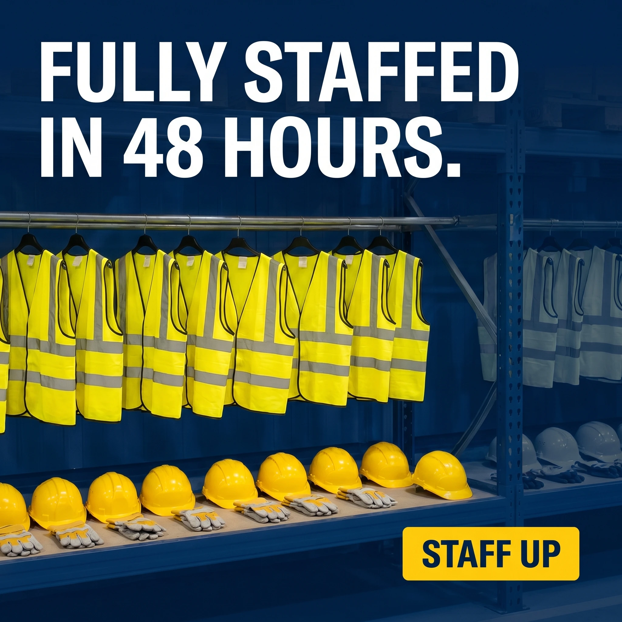 Staffing agency hero ad example: a row of ready hi-vis vests and gear with headline 'Fully Staffed In 48 Hours.'