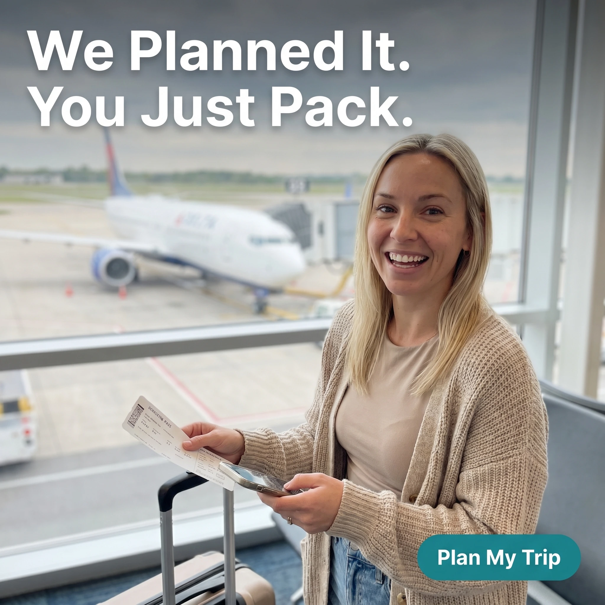 UGC-style travel agency ad example: woman at an airport gate holding a boarding pass with headline 'We Planned It. You Just Pack.'