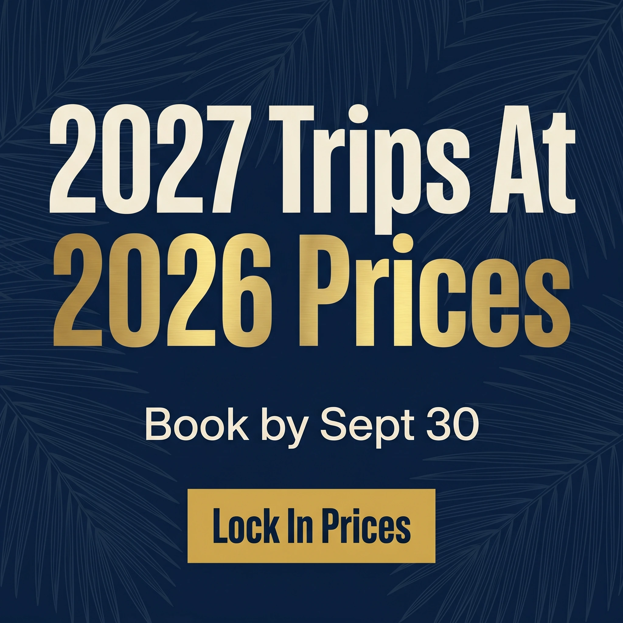 Travel agency offer ad example: bold typographic promo reading '2027 Trips At 2026 Prices'