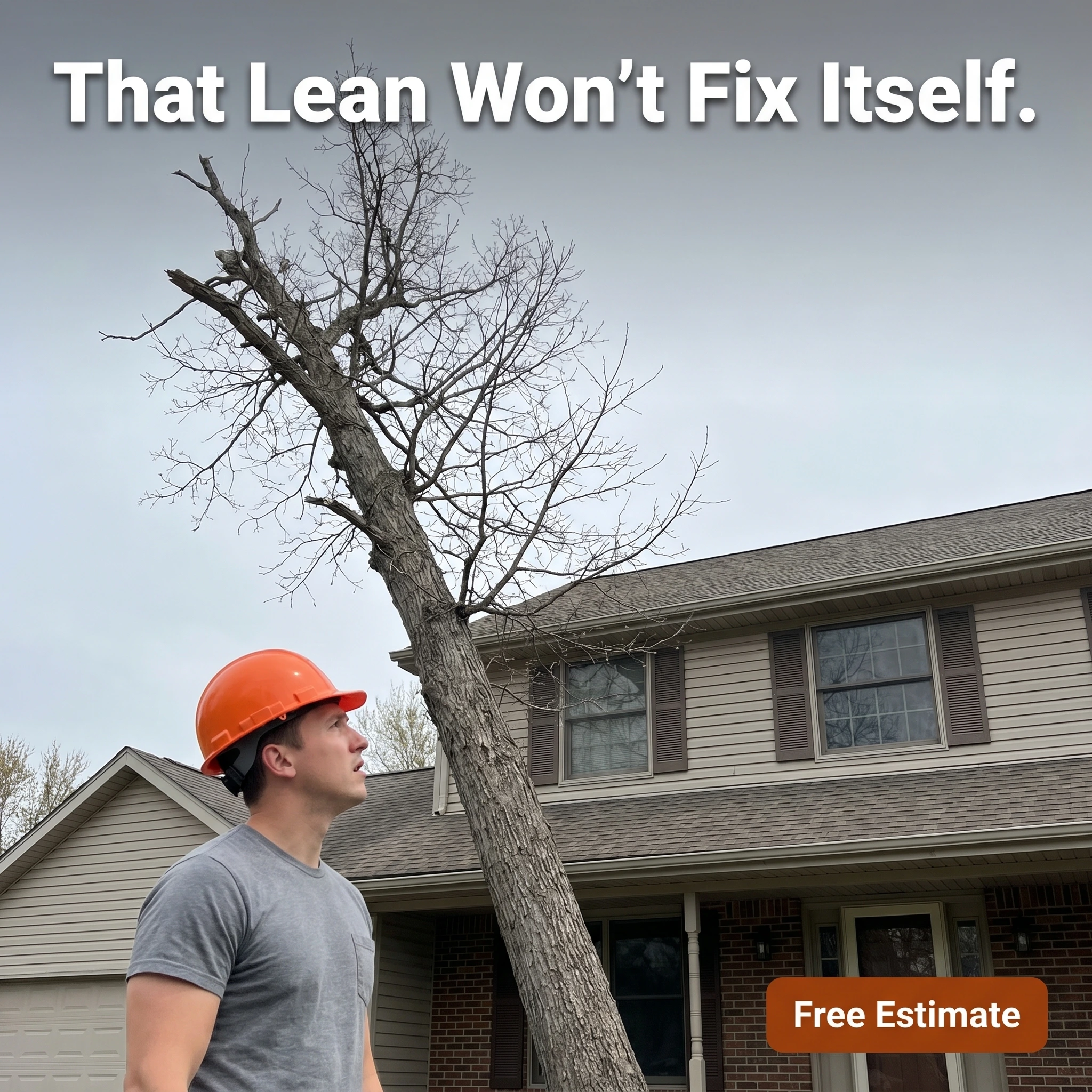 UGC-style tree service ad example: arborist looking up at a large dead tree leaning toward a house with headline 'That Lean Won't Fix Itself.'