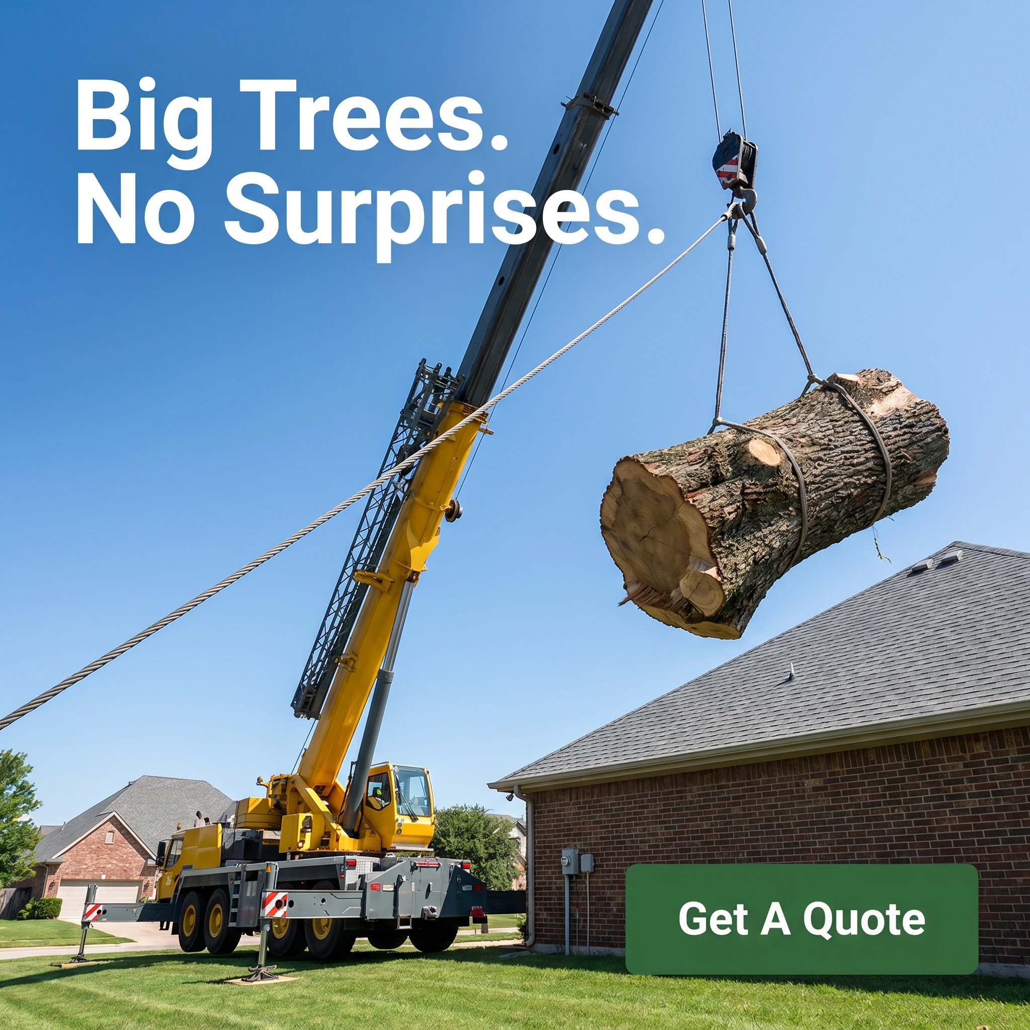Tree service hero ad example: a crane lifting a large tree section cleanly over a house with headline 'Big Trees. No Surprises.'
