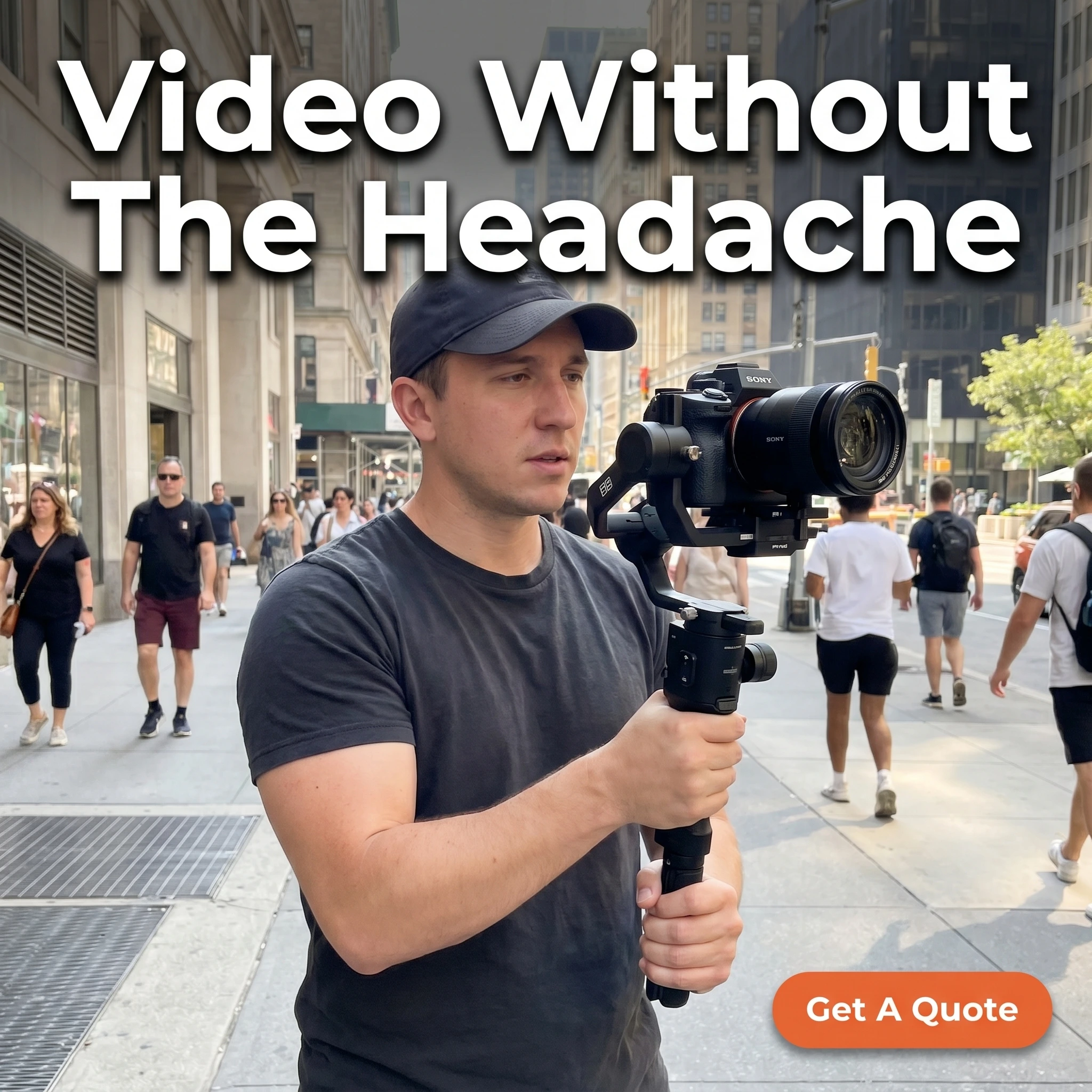 UGC-style videography ad example: a videographer with a gimbal rig filming on location with headline 'Video Without The Headache'
