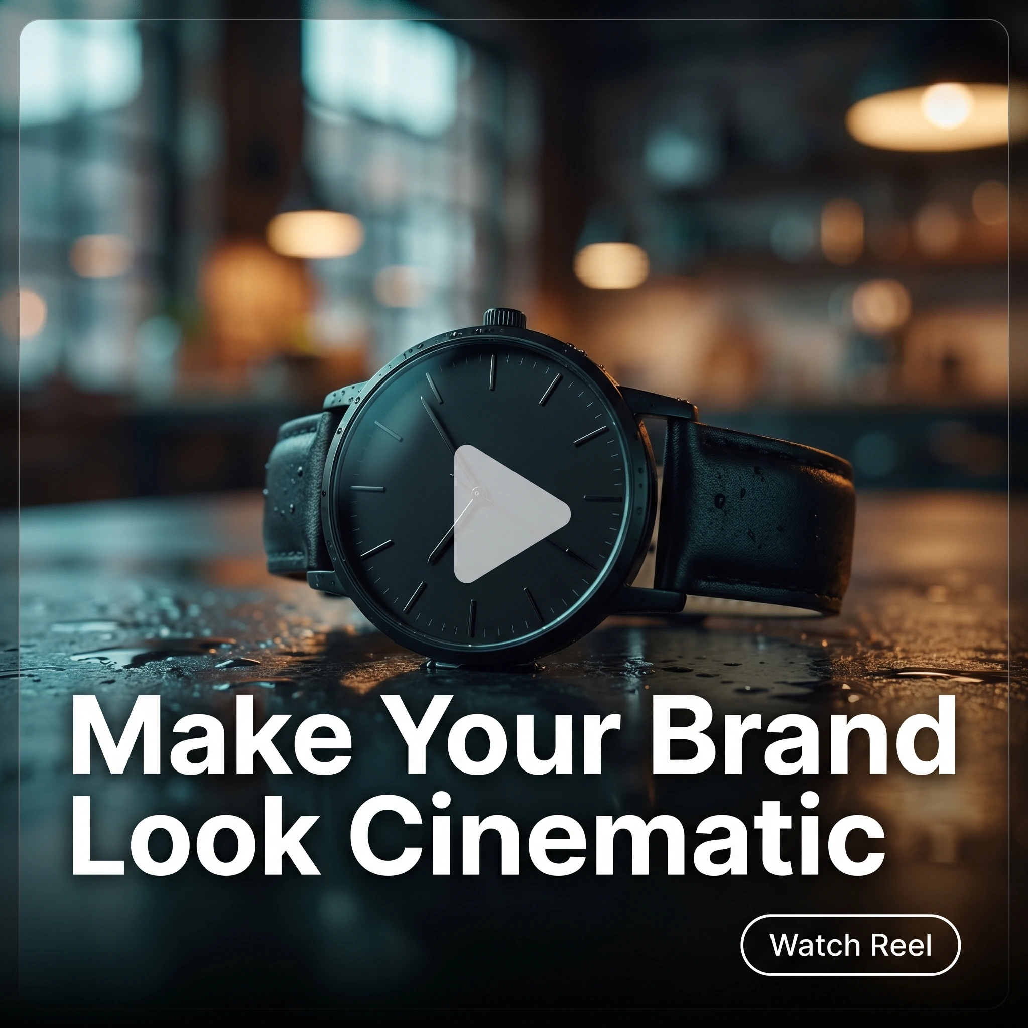 Videography hero ad example: a moody cinematic product still with a play-button overlay and headline 'Make Your Brand Look Cinematic'