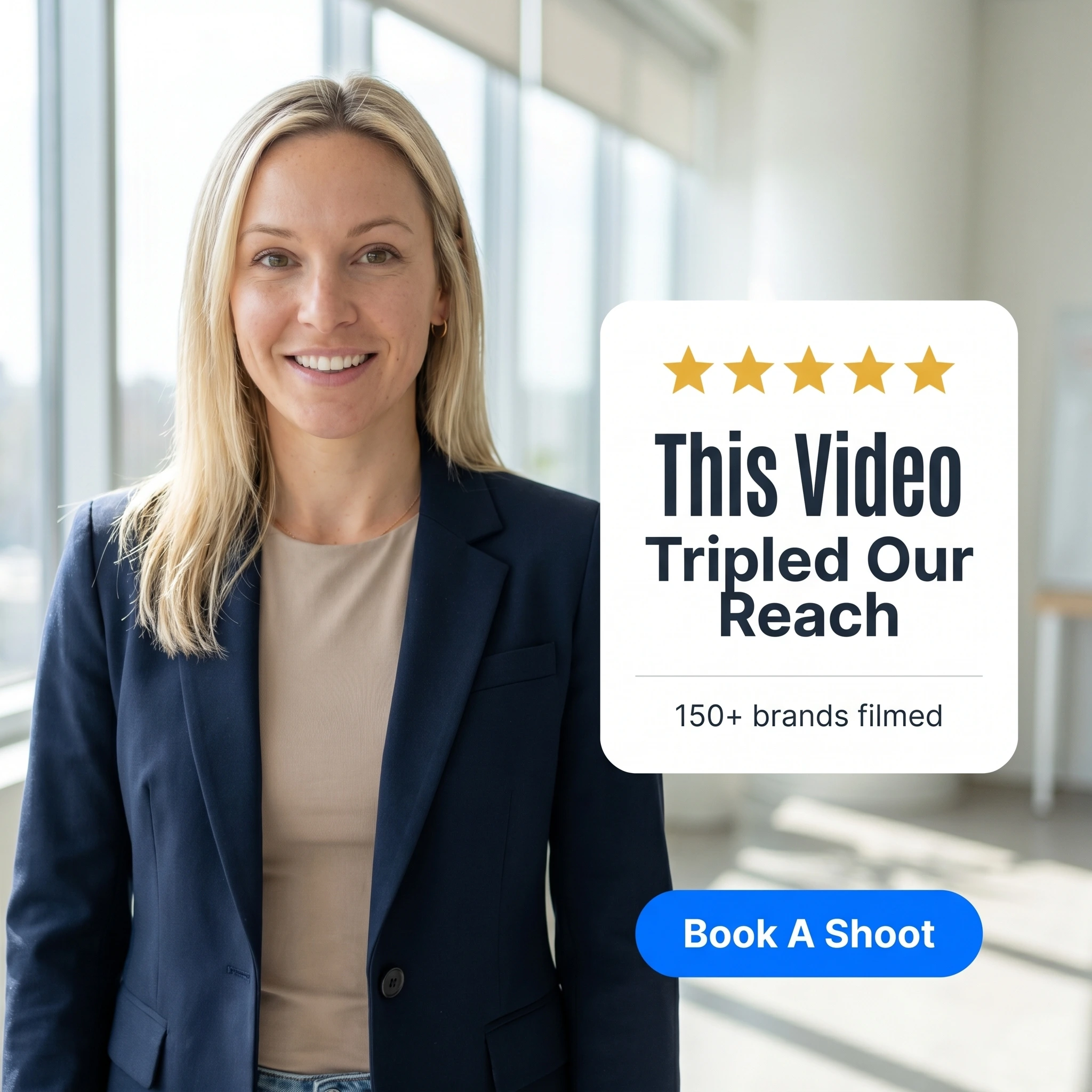 Videography testimonial ad example: a marketer beside a five-star quote card reading 'This Video Tripled Our Reach'