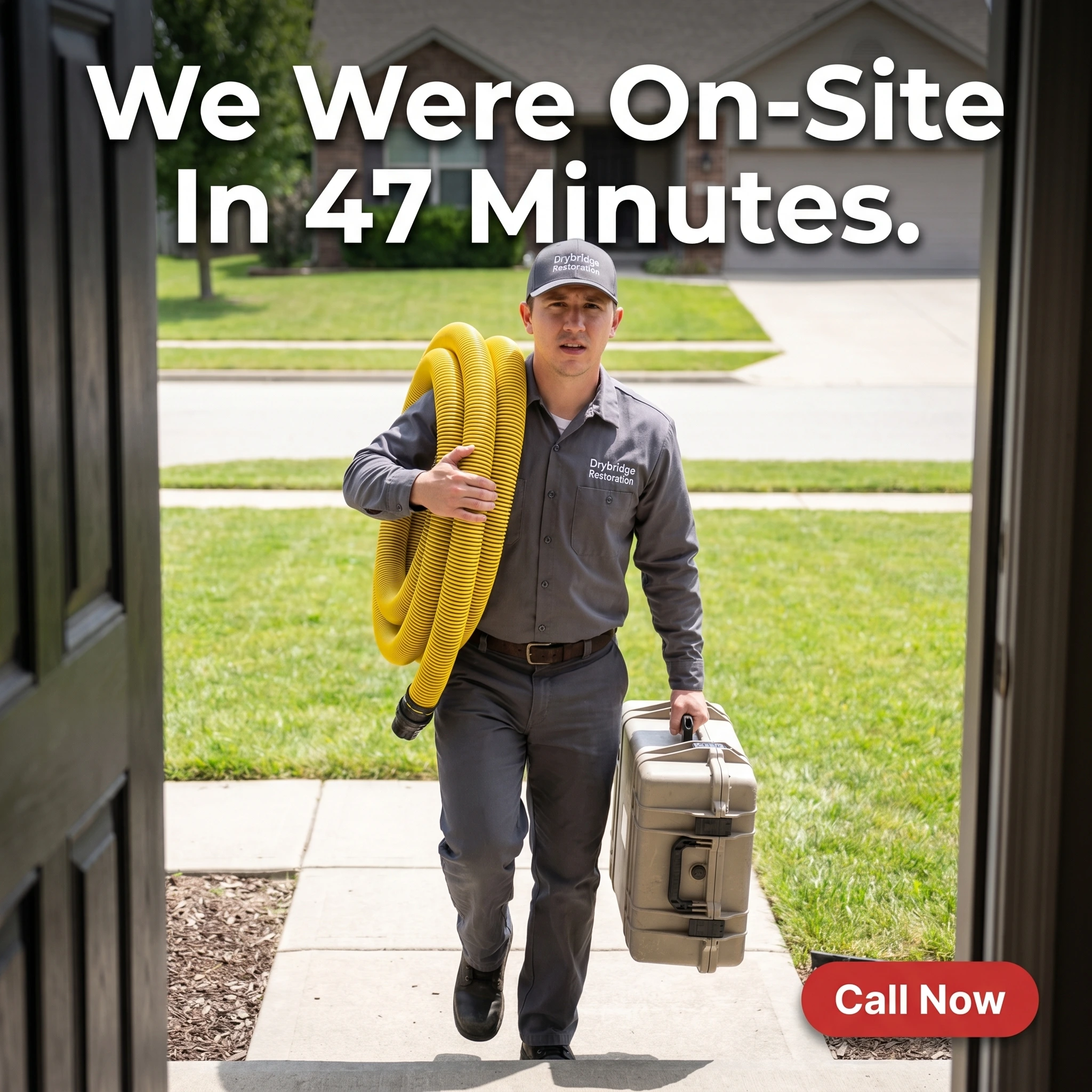 UGC-style water damage restoration ad example: a technician carrying equipment up to a home's front door with the headline 'We Were On-Site In 47 Minutes'