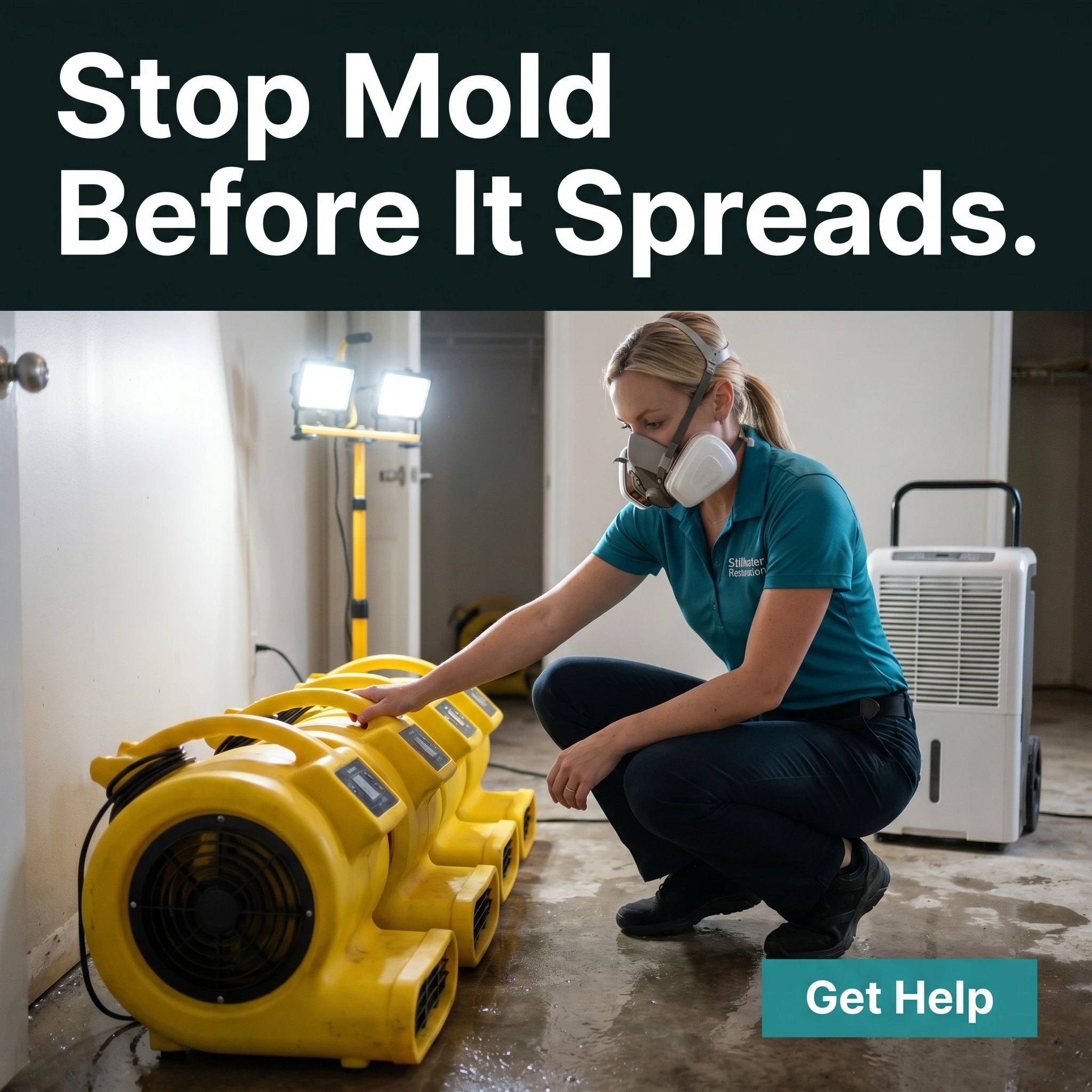 Water damage restoration hero ad example: a certified technician running air movers in a wet room with the headline 'Stop Mold Before It Spreads'
