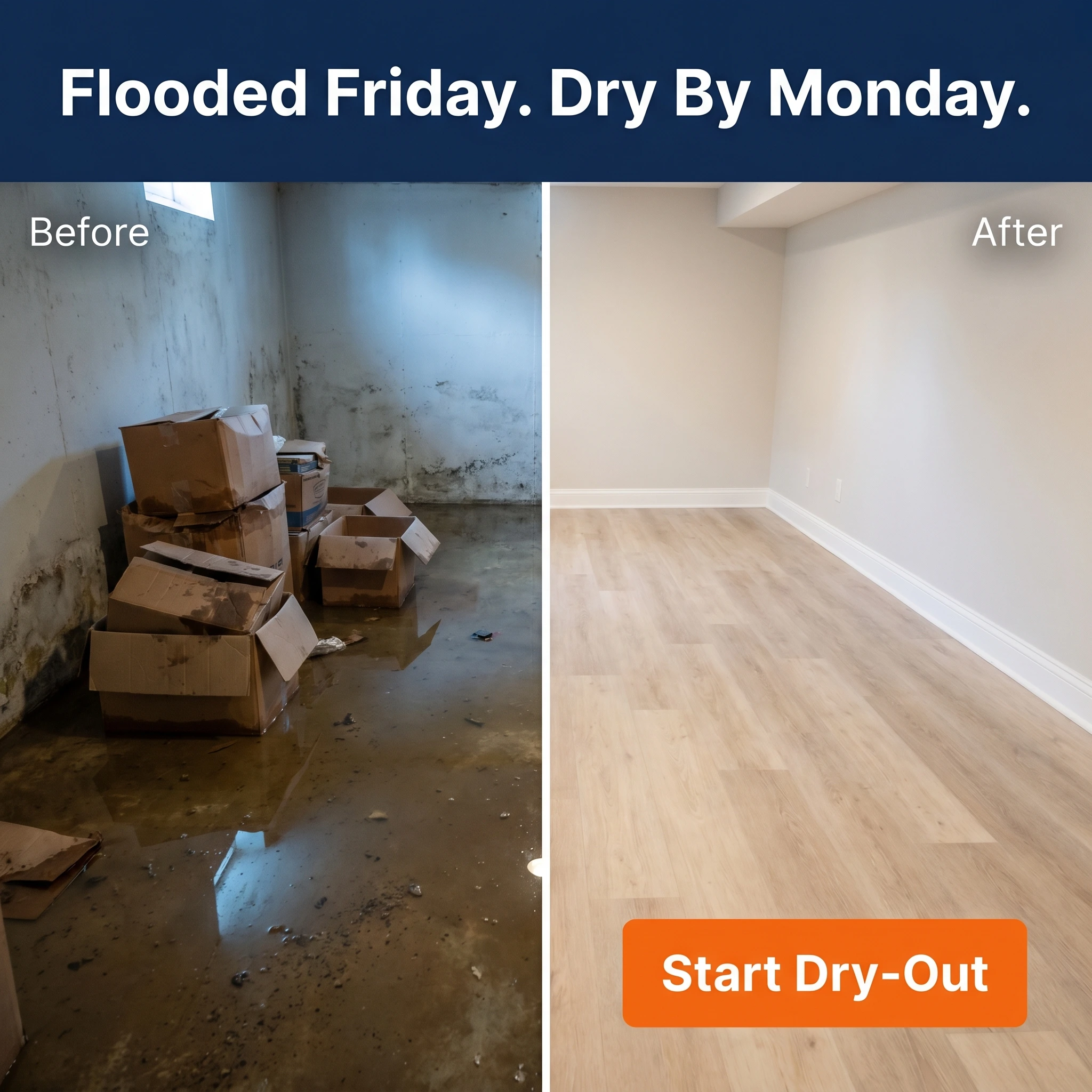 Before-and-after water damage restoration ad example: split frame of a flooded basement and the same room fully dried and restored, headline 'Flooded Friday. Dry By Monday.'