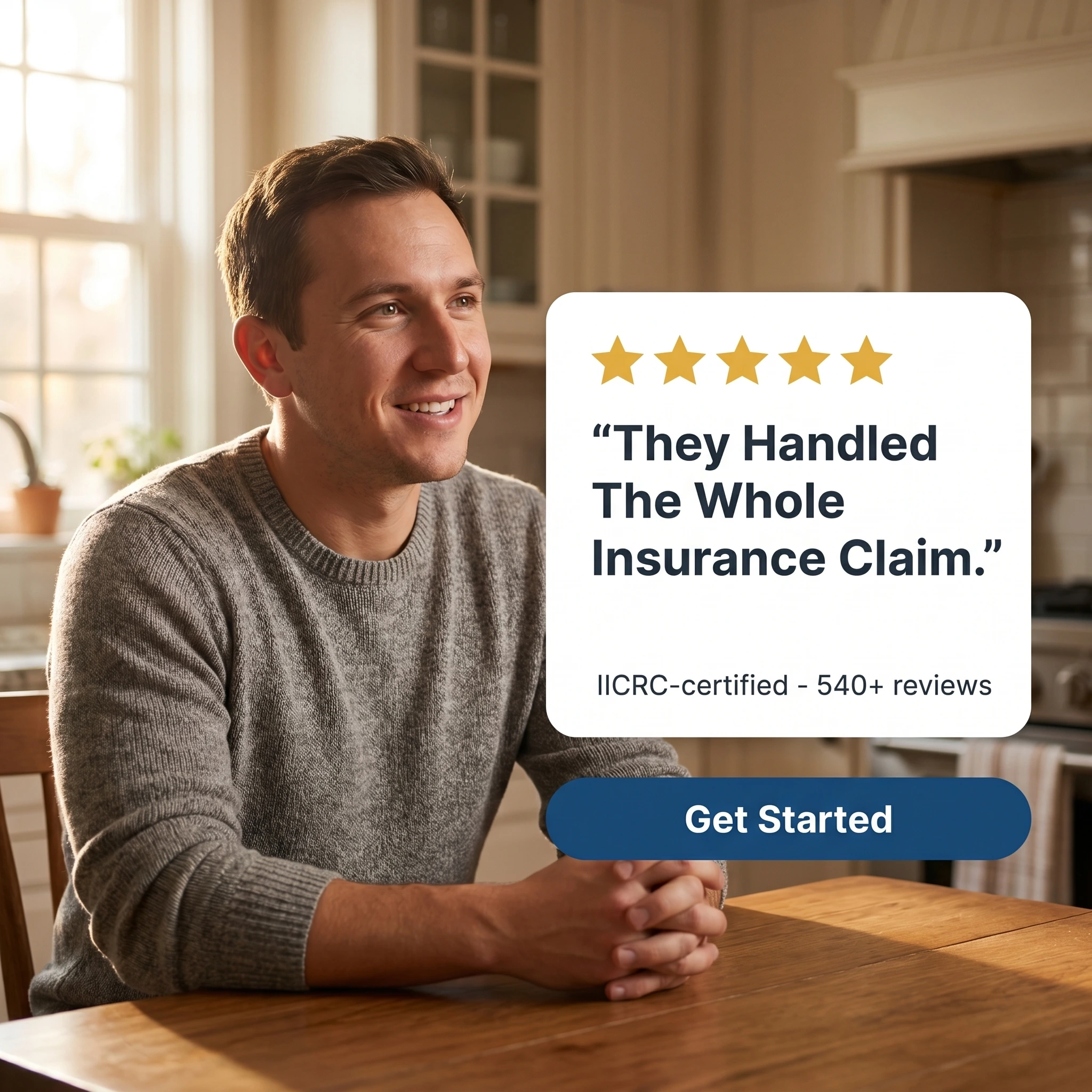 Water damage restoration testimonial ad example: a homeowner beside a five-star quote card reading 'They Handled The Whole Insurance Claim'