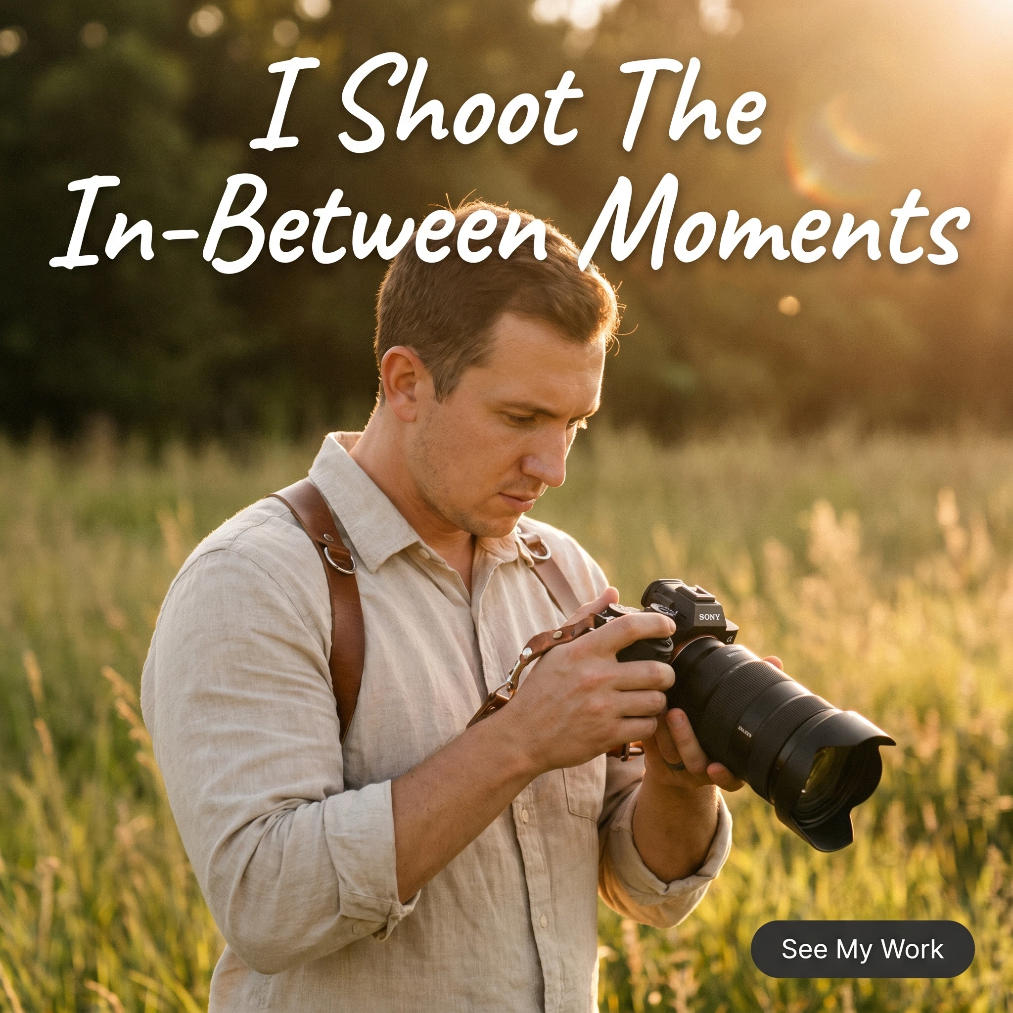 UGC-style wedding photographer ad example: a photographer at golden hour reviewing a shot on his camera with headline 'I Shoot The In-Between Moments'