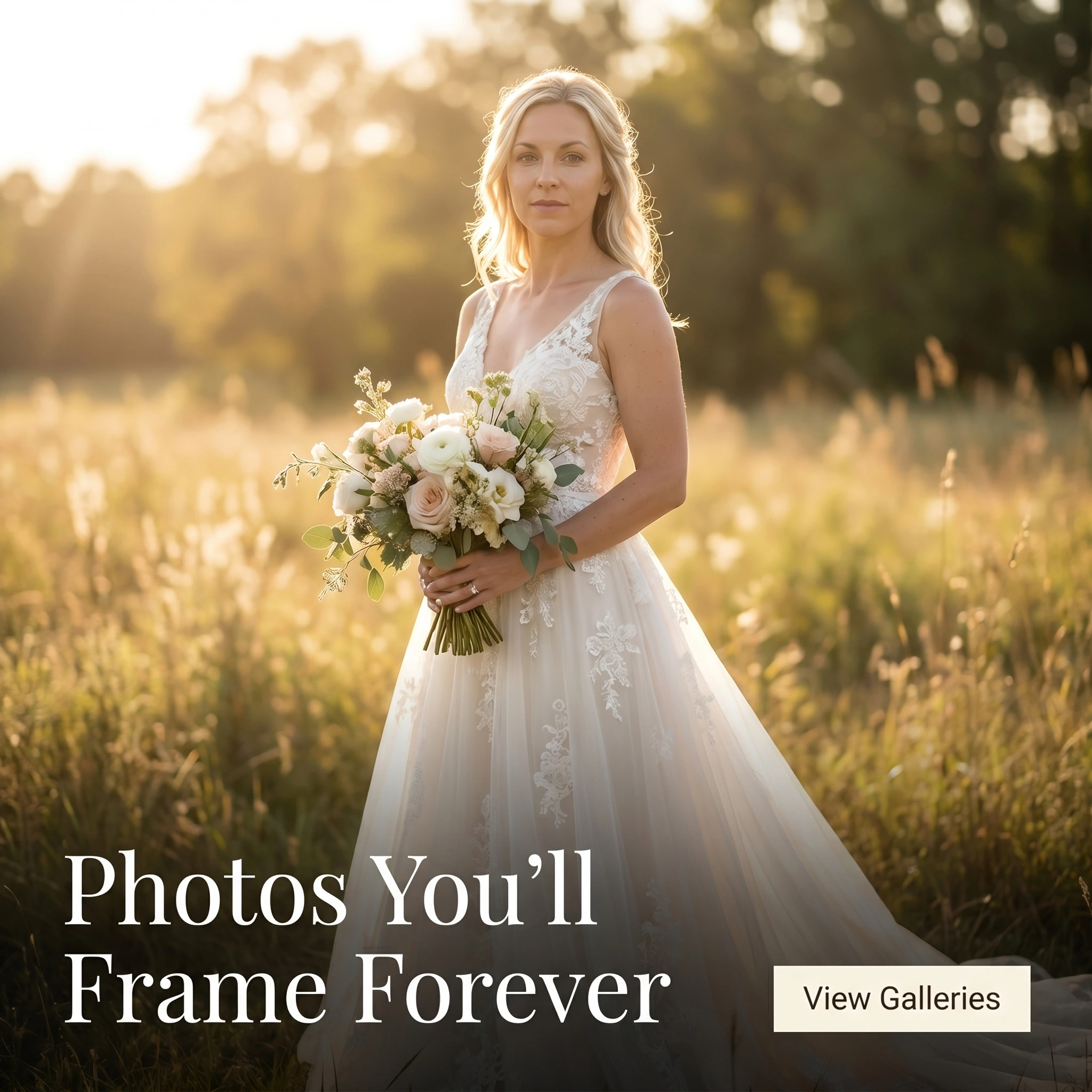 Wedding photographer hero ad example: a fine-art bridal portrait at golden hour with headline 'Photos You'll Frame Forever'