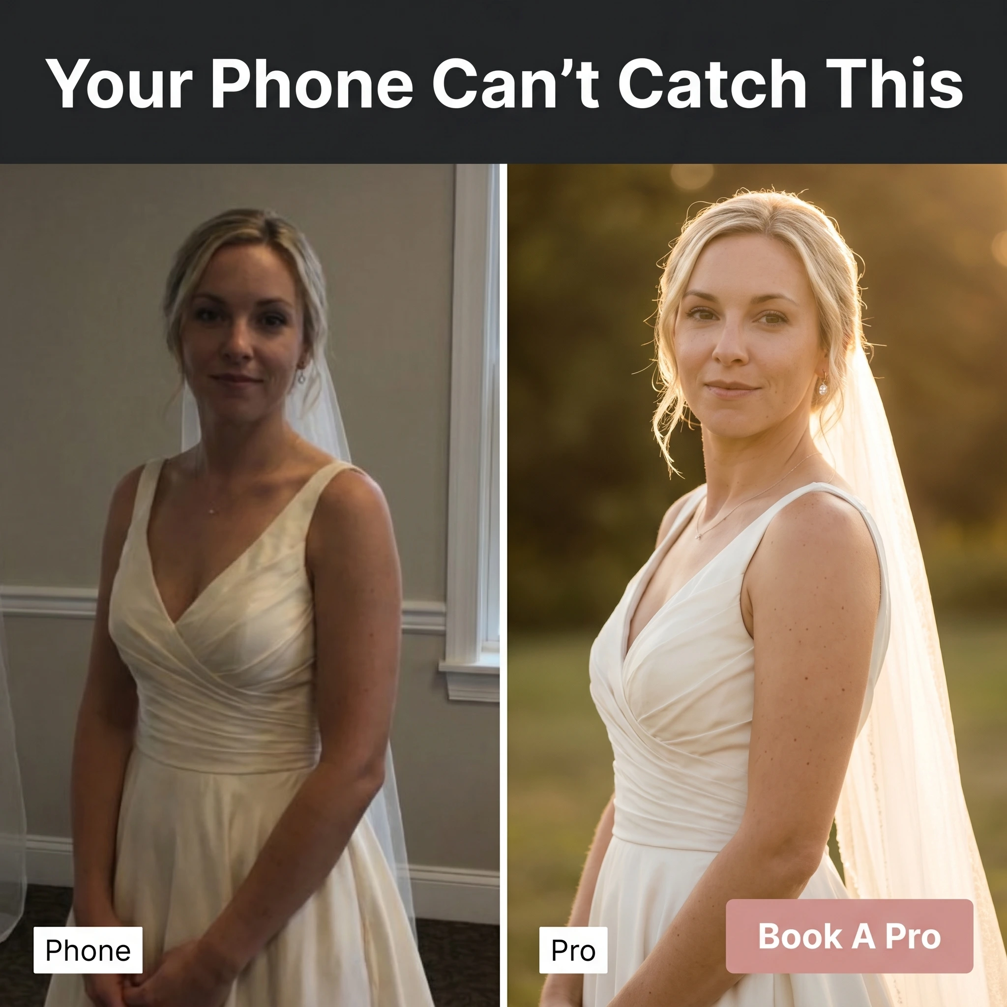 Before-and-after wedding photographer ad example: split frame of a blurry phone snapshot and a polished pro portrait of the same bride, with headline 'Your Phone Can't Catch This'
