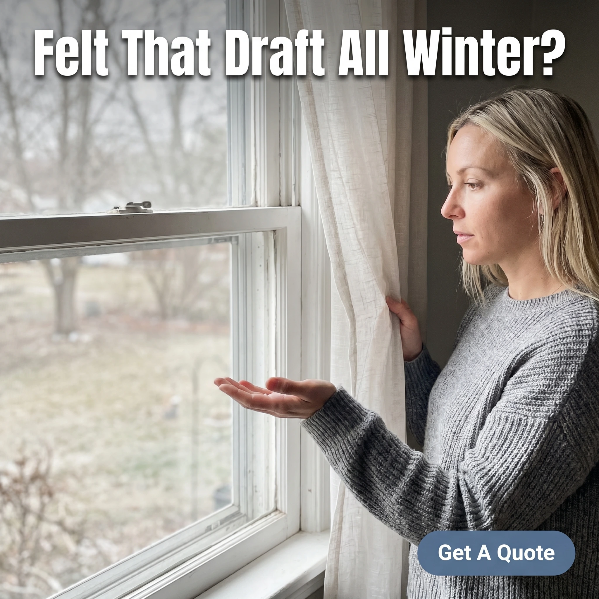 UGC-style window replacement ad example: homeowner holding a hand near a drafty old window with headline 'Felt That Draft All Winter?'