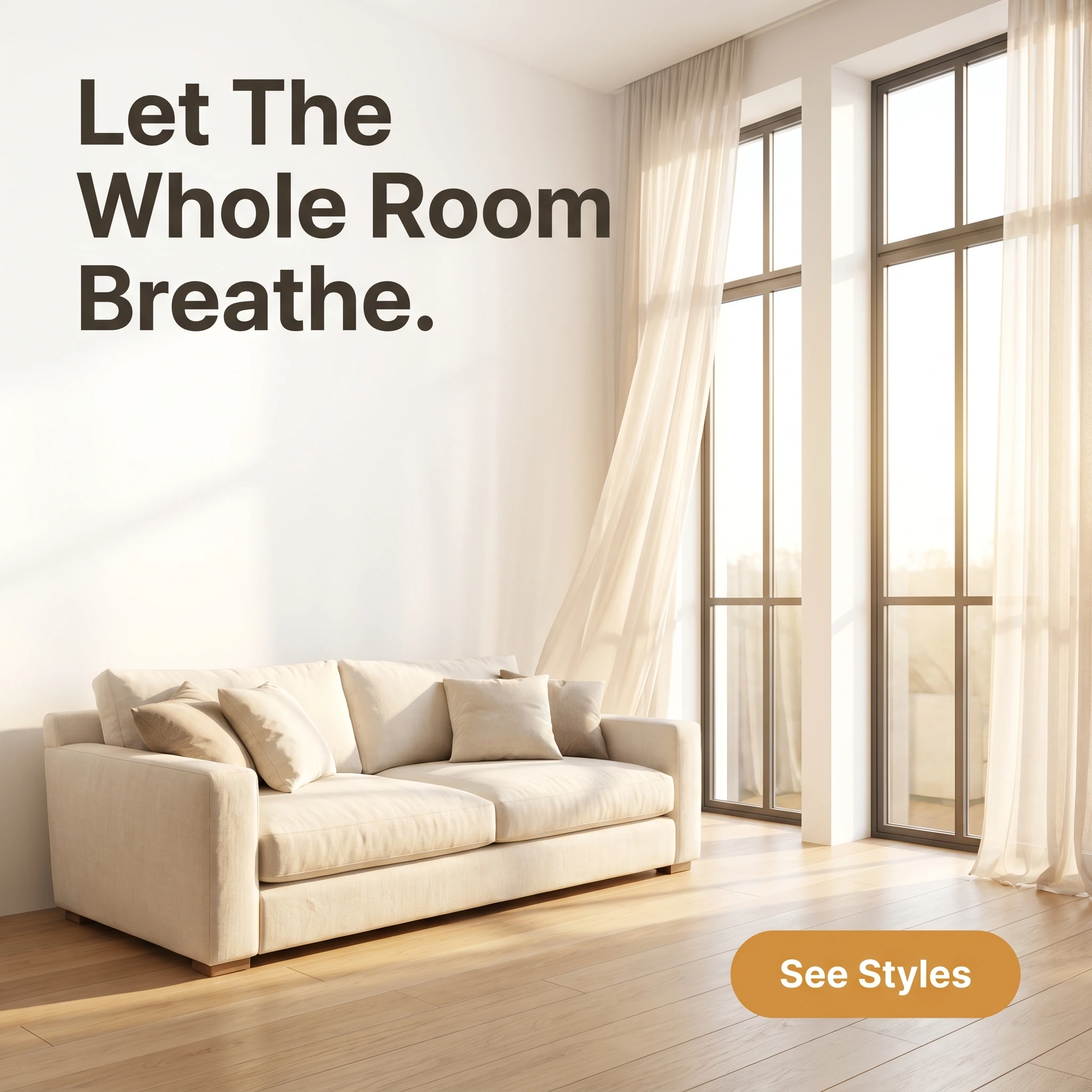 Window replacement hero ad example: sunlit living room with large new windows and headline 'Let The Whole Room Breathe'