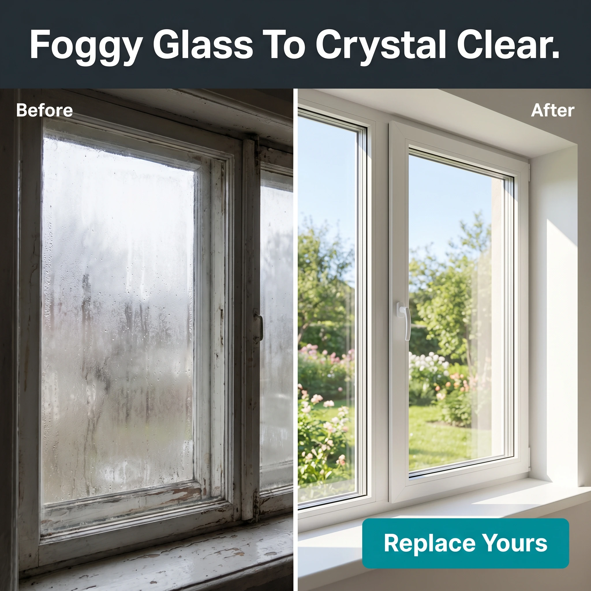 Before-and-after window replacement ad example: split frame of a fogged-up old window and a crisp new clear pane with headline 'Foggy Glass To Crystal Clear'