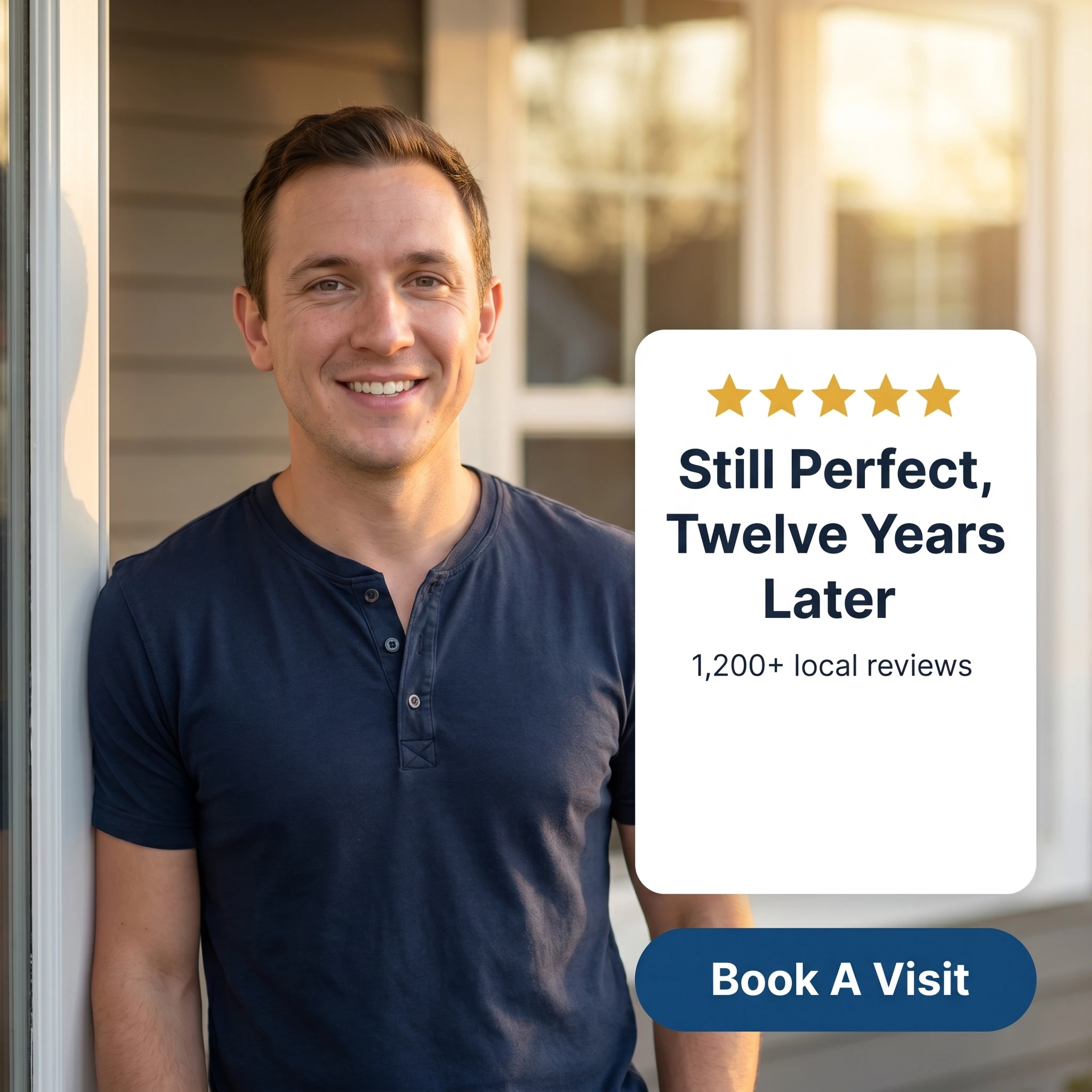 Window replacement testimonial ad example: homeowner beside a five-star quote card reading 'Still Perfect, Twelve Years Later'