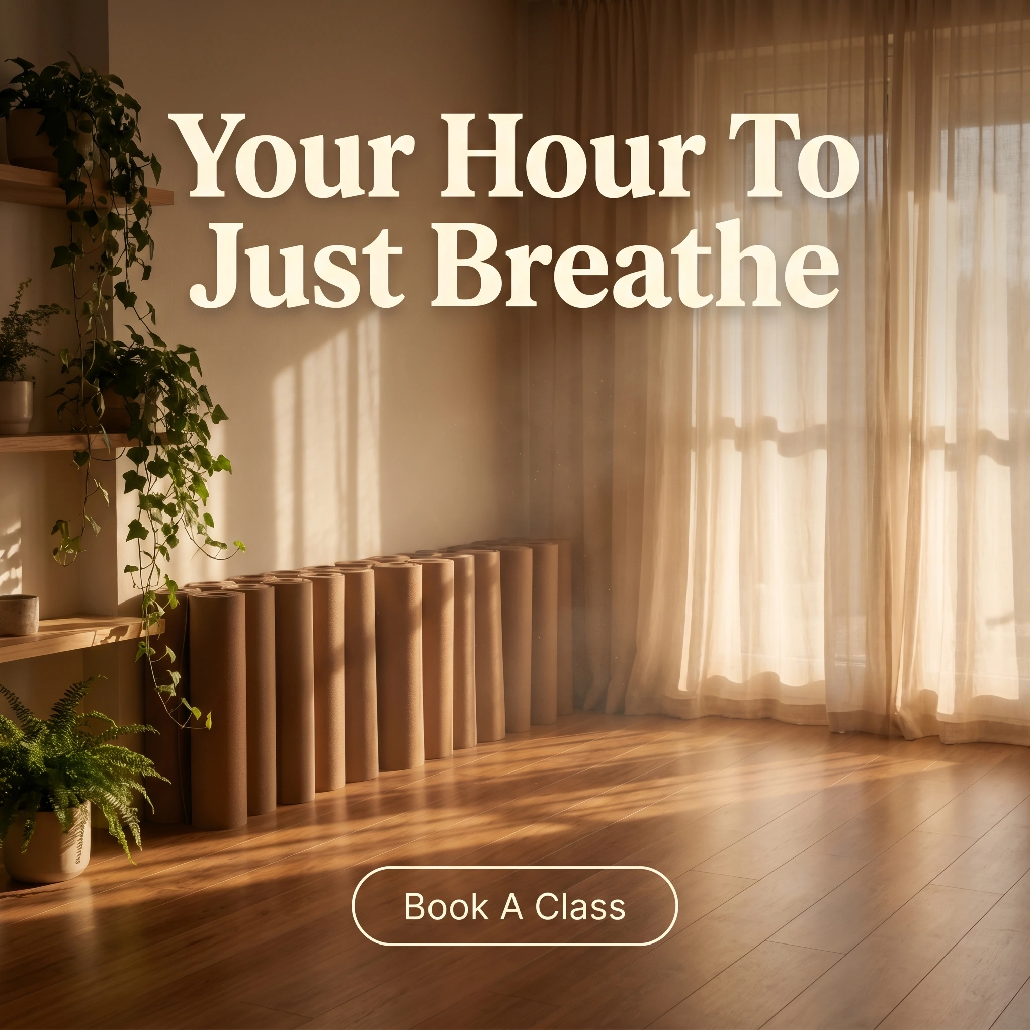 Yoga studio hero ad example: a sunlit studio with mats and plants and headline 'Your Hour To Just Breathe'