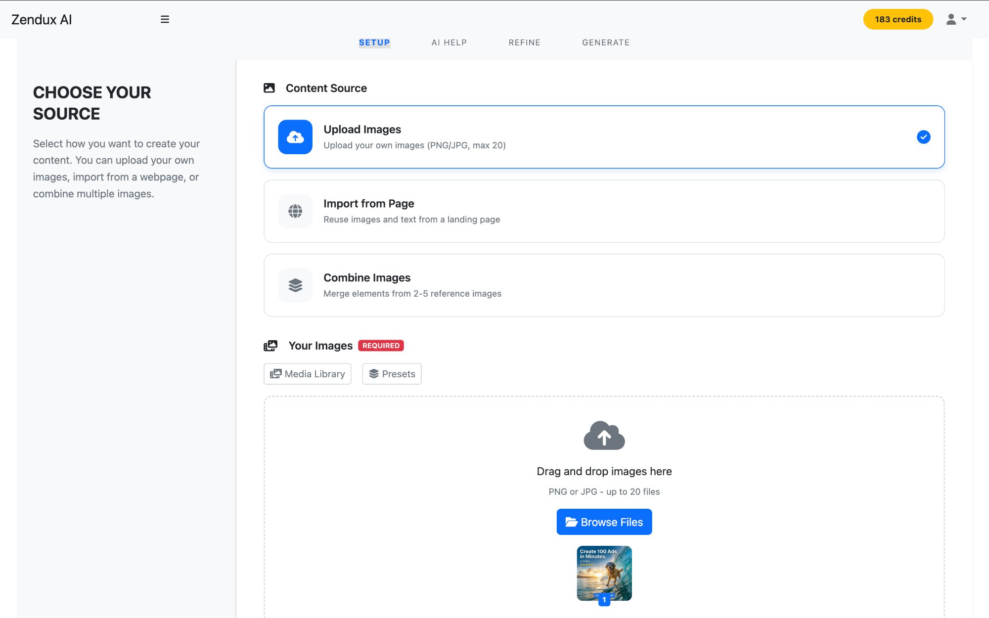 Zendux AI — Upload your base image in the Setup step
