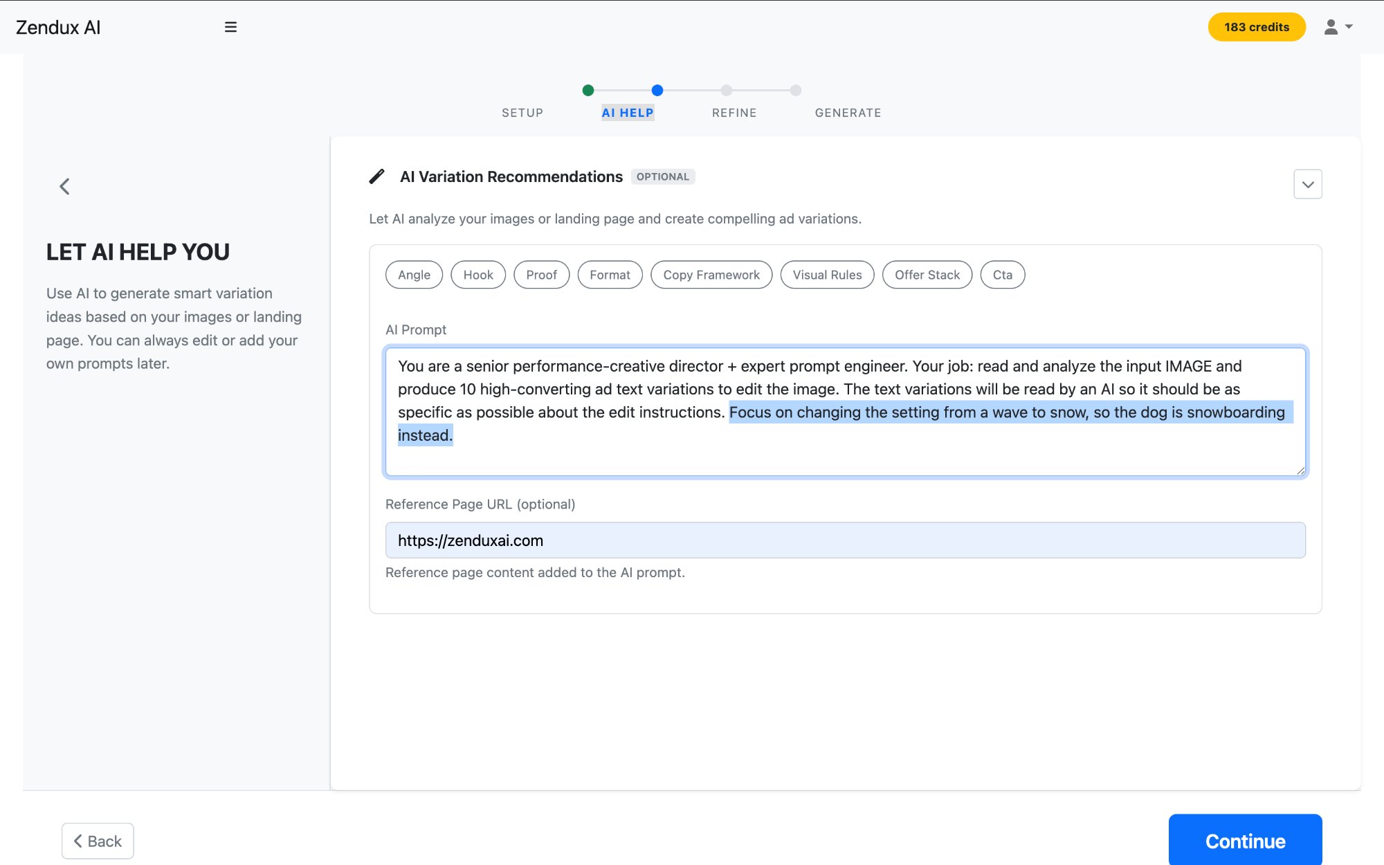 Zendux AI — AI generates variation prompts for your ad