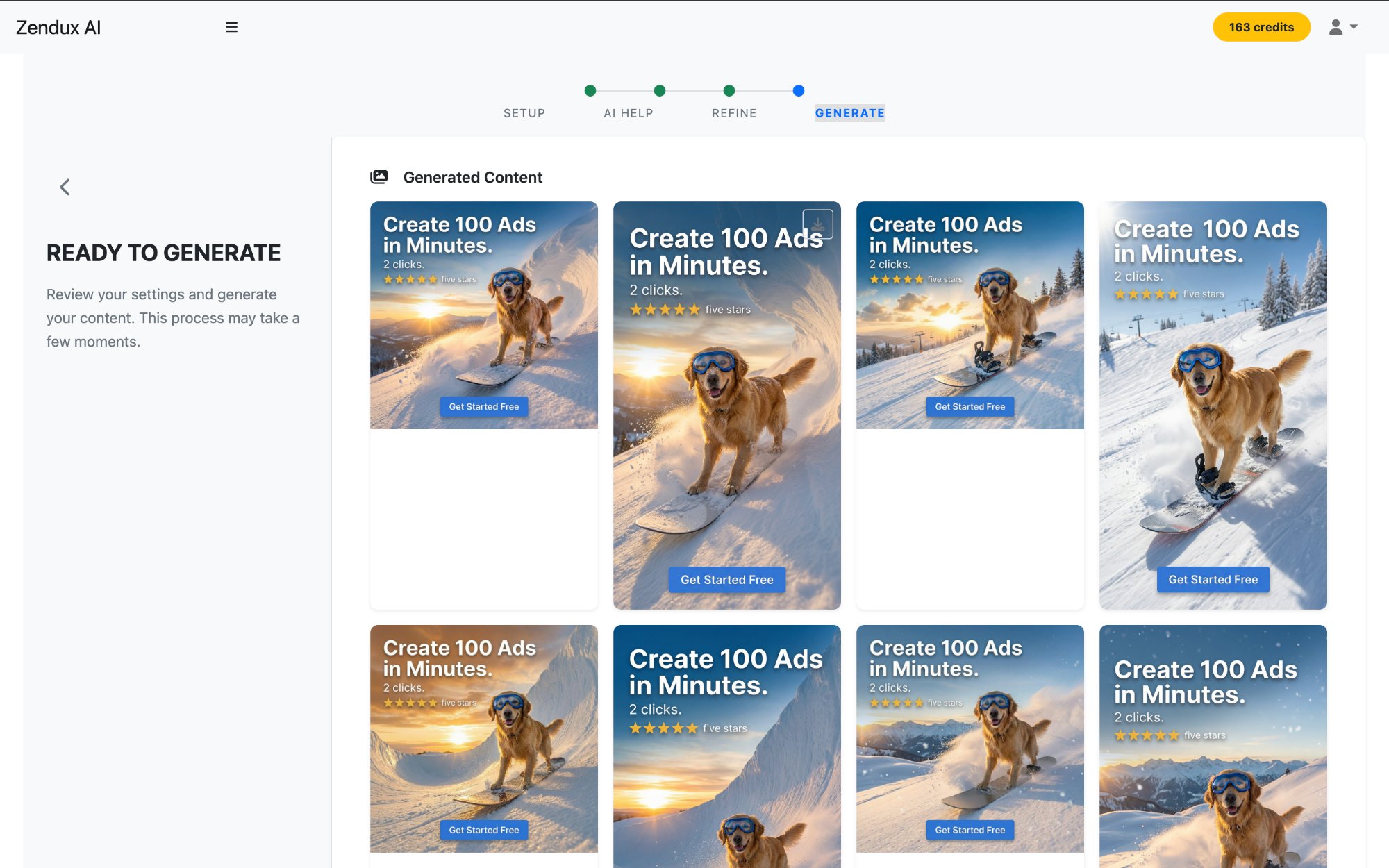 Zendux AI — Generated ad creative variations grid