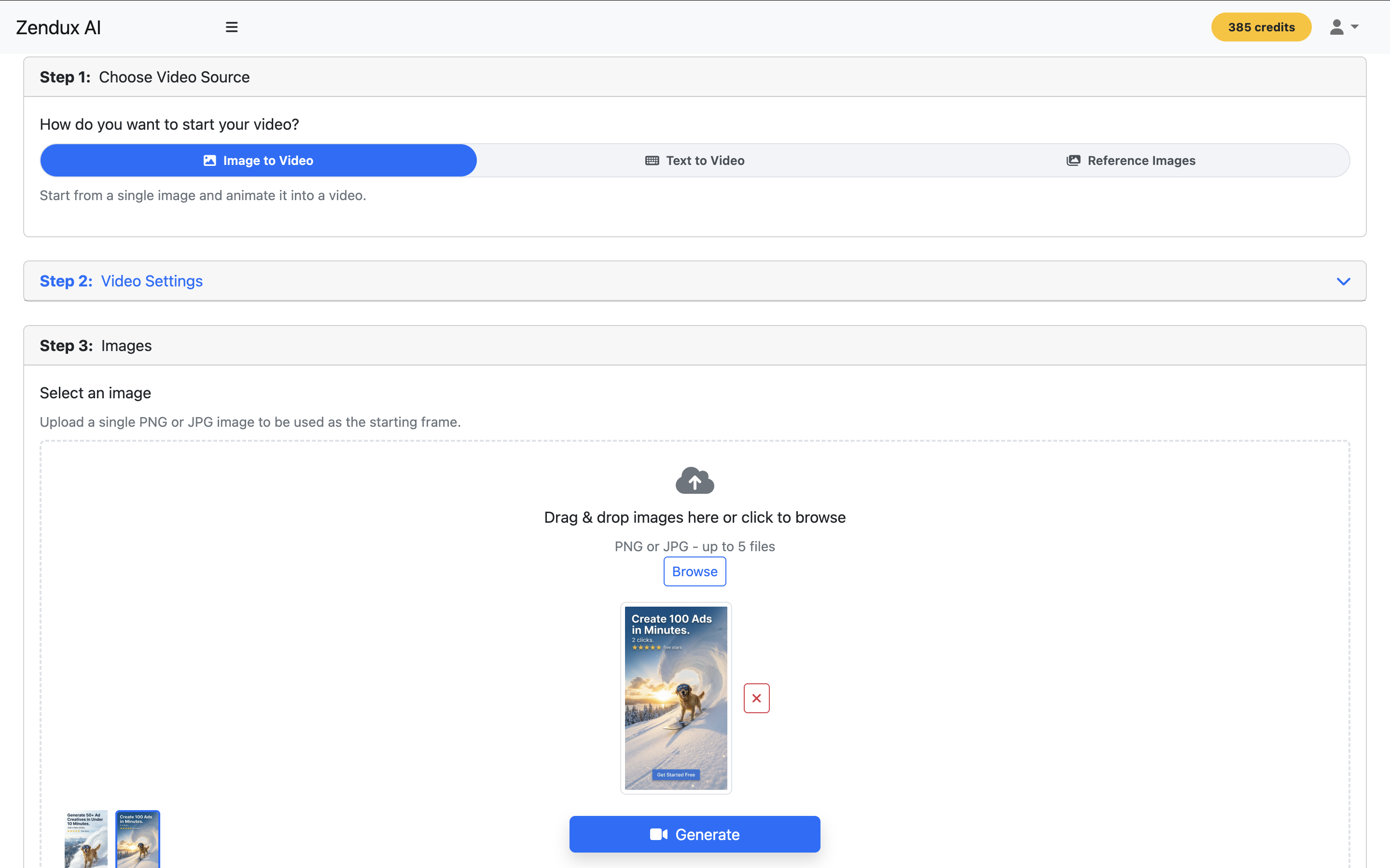 Zendux AI — Upload image for video generation