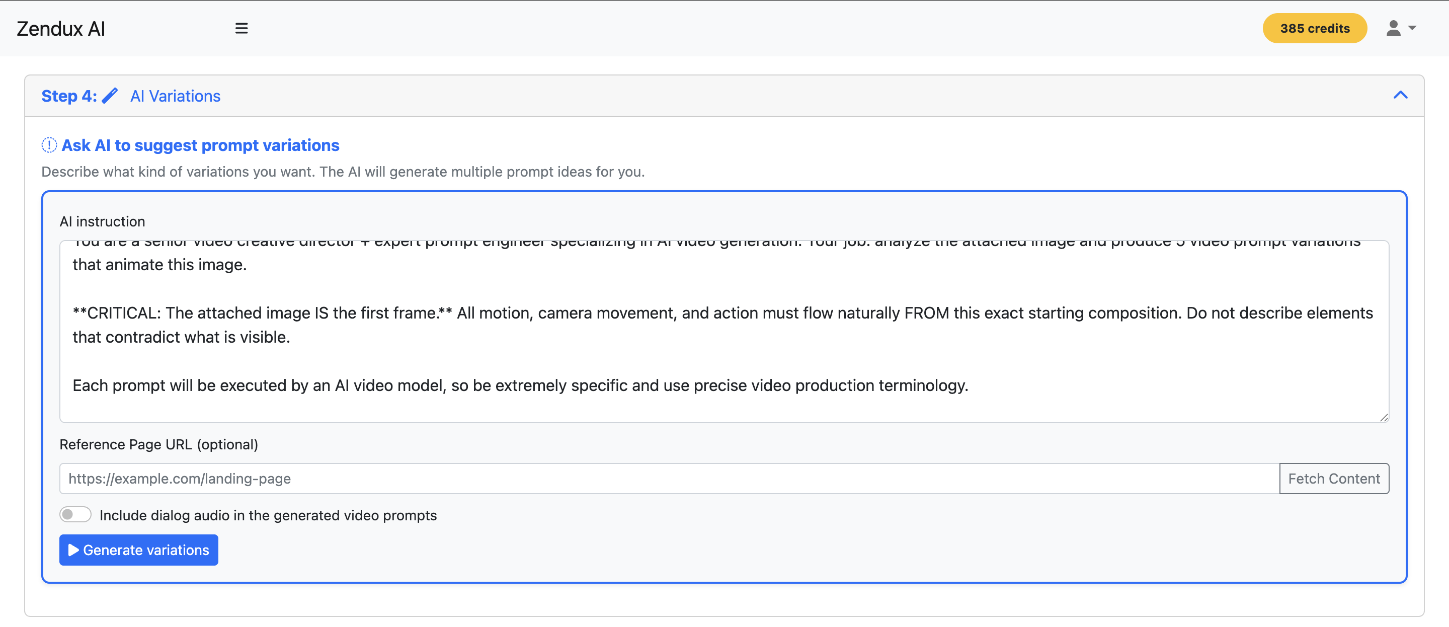 Zendux AI — AI generates video prompt variations